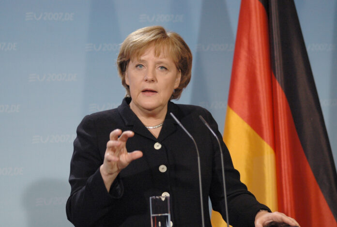 German Chancellor Angela Merkel at a press conference after a meeting with the British Prime Minister in the Chanclery in Berlin