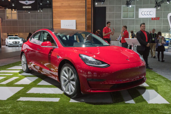 Tesla Model 3 on display during LA Auto Show at the Los Angeles Convention Center