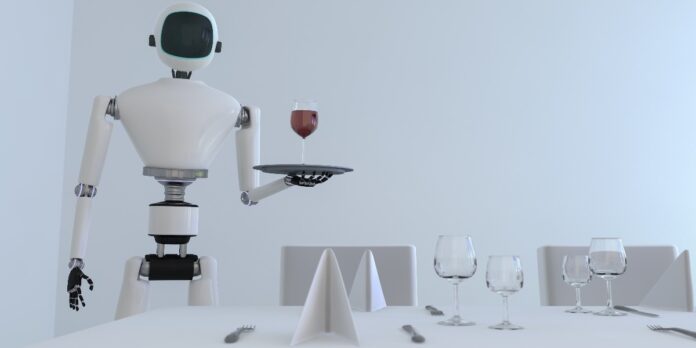 A service robot serving wine in a dining room table