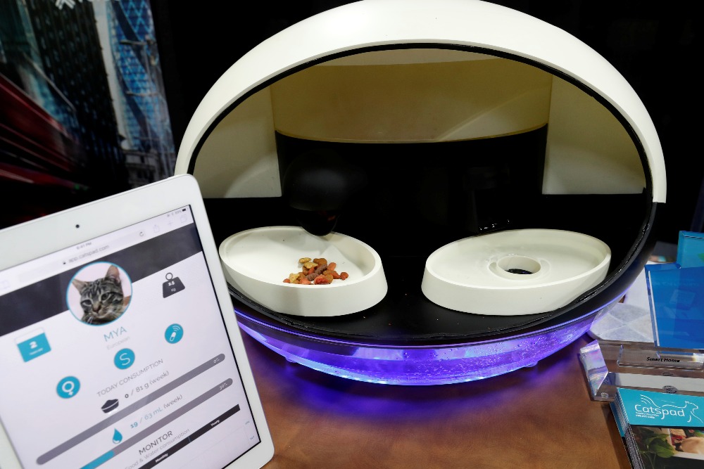 The Catspad smart pet assistant with the ability to remotely schedule and control food portions is displayed during CES Unveiled at the 2018 CES in Las Vegas