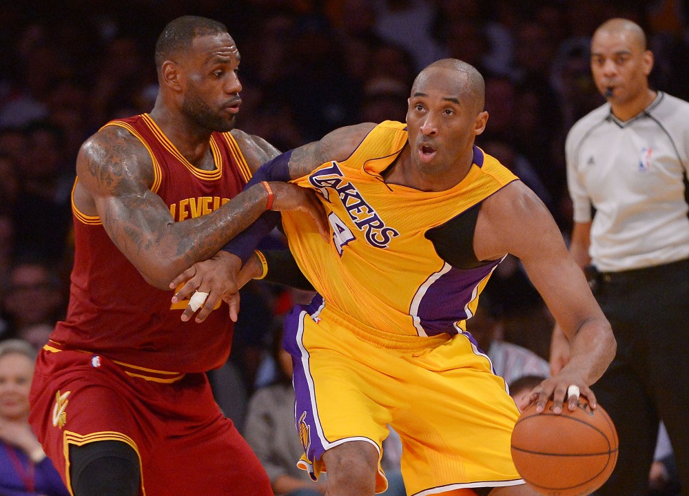 Cleveland Cavaliers forward LeBron James guards Los Angeles Lakers forward Kobe Bryant Mar 10 2016